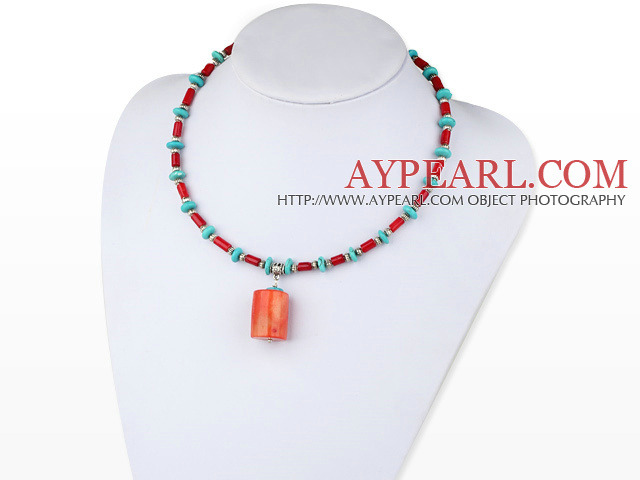 17.5 inches turquoise and red coral necklace with lobster clasp