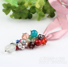 multi color multi stone and crystal necklace with pink ribbon
