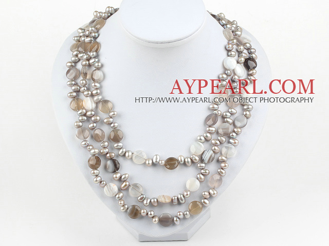 Multi Strands Pearl and Persian Gray Agate Necklace