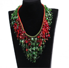 Luxurious Sparkly Red & Green Crystal Christmas Statement Tassel Hand-Knitted Necklace