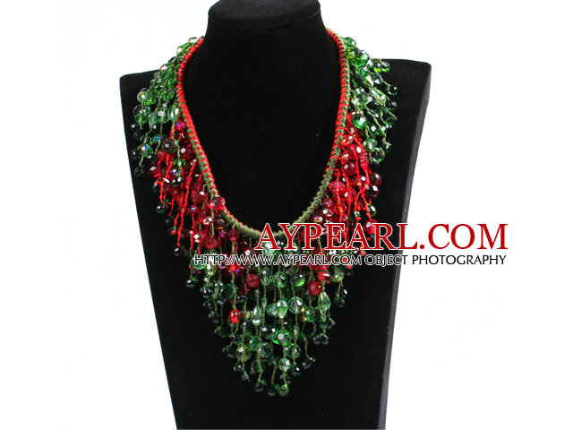 Роскошный Sparkly Красный & Зеленый Кристалл Рождество себе кисточкой ручной вязки Ожерелье