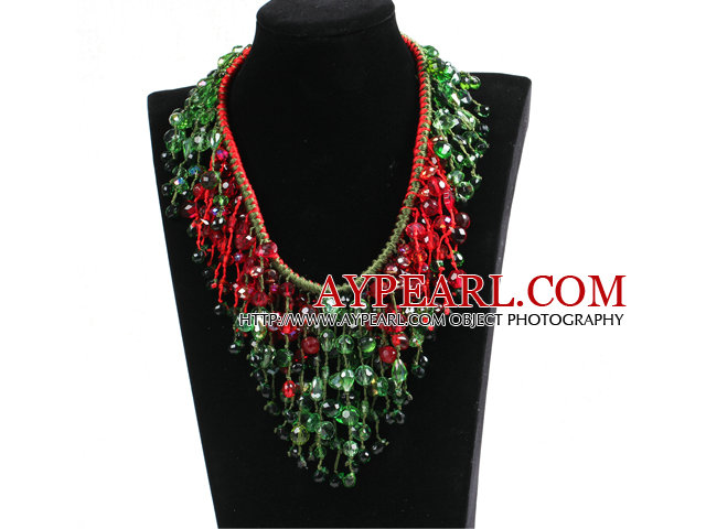 Luxueux Déclaration Sparkly Rouge & Vert Cristal de Noël Tassel tricoté à la main Collier