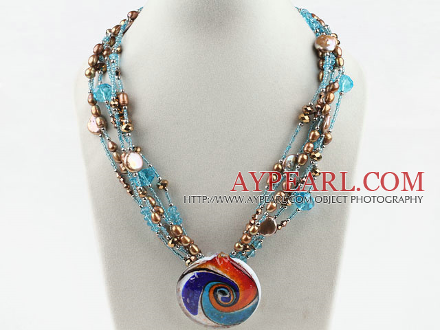 Multi Strand Blue Crystal and Brown Pearl with Colored Glaze Pendant Necklace