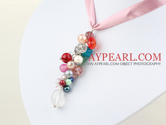 multi color multi stone and crystal necklace with pink ribbon