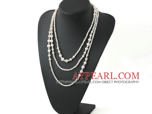 Long Style White Round Freshwater Pearl Beaded Necklace