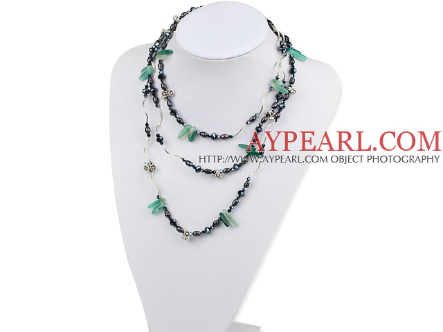 Long Style Black Pearl Crystal and Green Agate Necklace