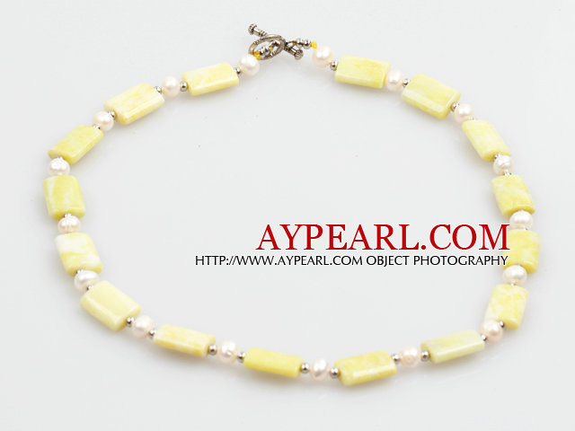 White Pearl and Lemon Stone Necklace with Toggle Clasp