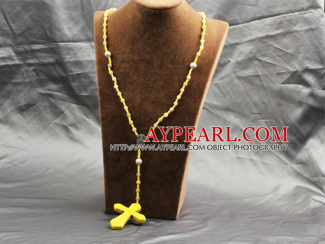 Classic Design Fashion Long Y Shape Yellow Frosted Banded Agate Necklace With Cross Shape Turquoise Pendant
