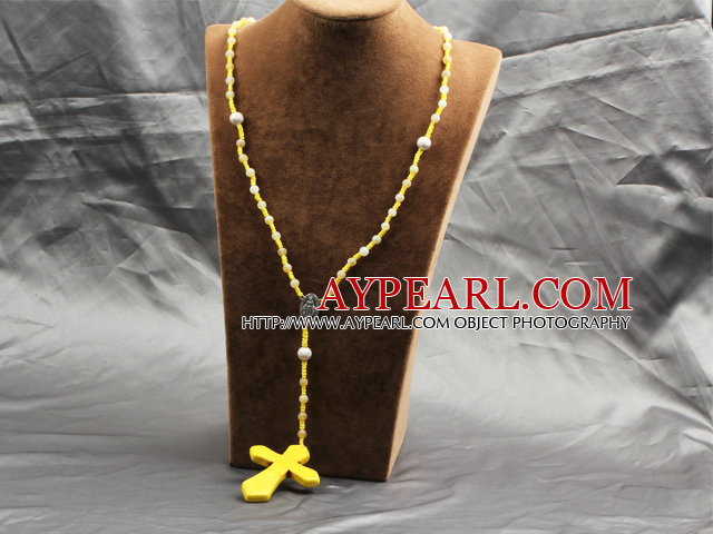 Classic Design Mode longue Y Jaune Forme givré Banded Agate Collier Avec Croix Turquoise Pendentif