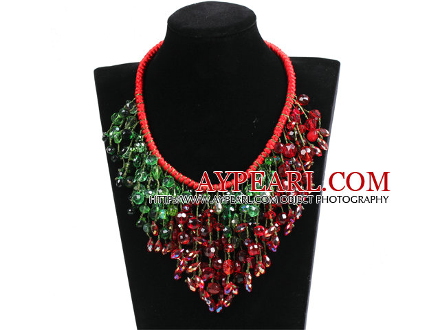 Luxurious Sparkly Red & Green Crystal Christmas Statement Tassel Red Thread Hand-Knitted Necklace