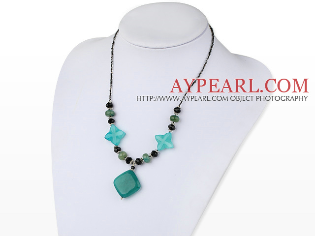 Fashion Black Crystal And Blue Series Flower Rhombus Jade Pendant Necklace