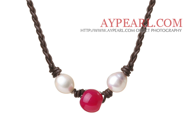 Trendy Design Natural White Ferskvann Pearl Hånd - strikket Leather Halskjede med Agate Bead