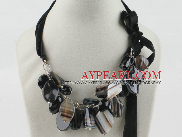 23.6 inches chunky black agate necklace with ribbon