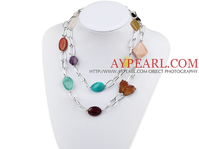 39 inches multi color multi stone long style necklace with metal chain