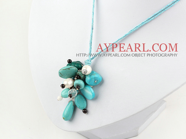 Lovely Freshwater Pearl Crystal And Multi Blue Turquoise Threaded Pendant Necklace