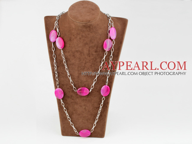 55 inches pink agate long necklace with metal chain 