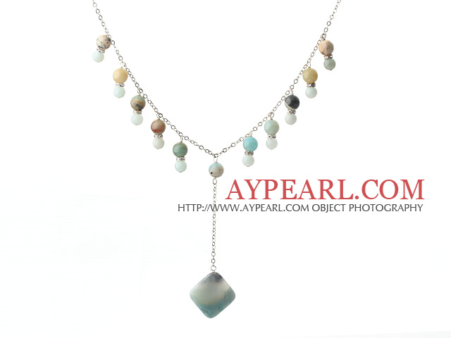 turquoise ball beaded y shape necklace with metal chain