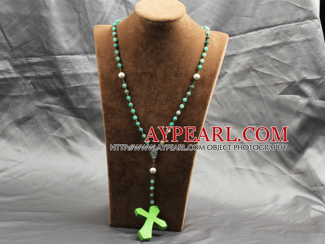 Classic Design Fashion Long Y Shape Green Frosted Banded Agate Necklace With Bright Green Cross Shape Turquoise Pendant