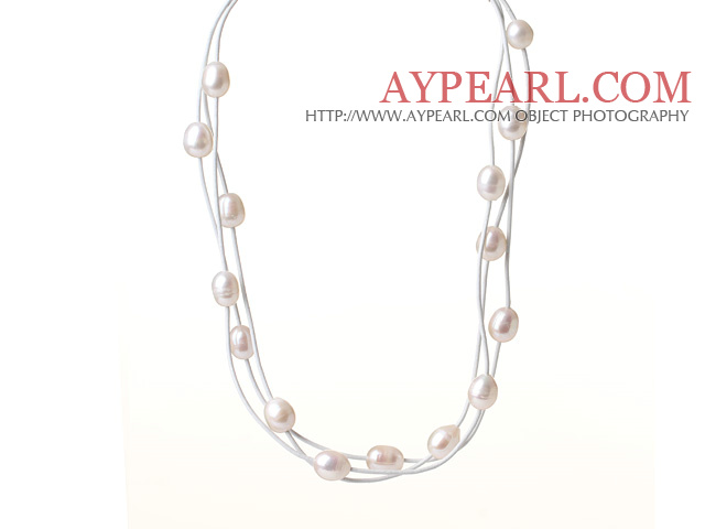 Amazing Fashion Three Strands Natural White Freshwater Pearl Leather Necklace