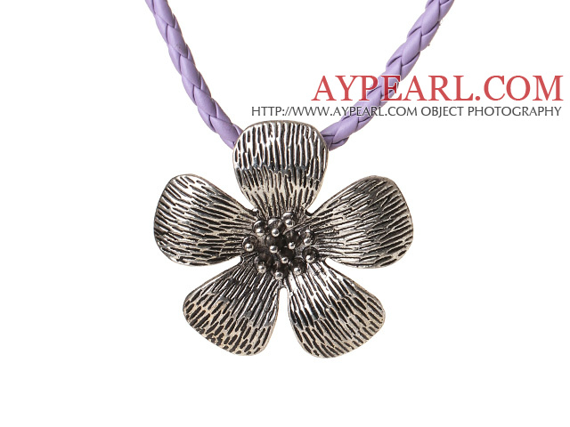 Nya Ankomst Enkel stil Tibet silver blomma hänge halsband med lila läder och Magetic Lås