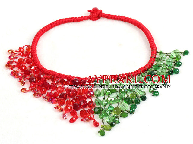 Luksuriøs Sparkly Symmetric Red & Green Crystal jule Statement dusk Hånd Strikket Necklace