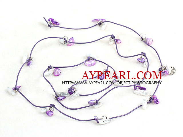 Fashion Long Style Purple Series Natural Pearl Shell Stone Chips Necklace(Sweater Chain)