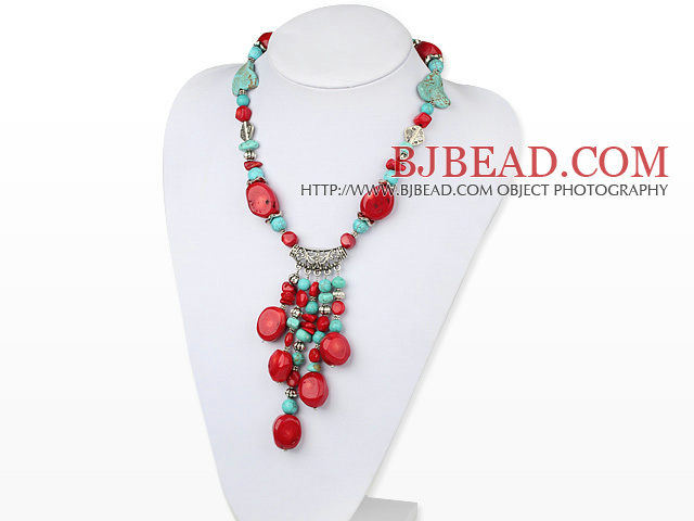 17.5 inches turquoise and coral necklace with toggle clasp