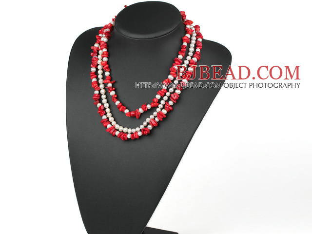 3 strand red coral and white pearl necklace