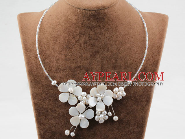 White Freshwater Pearl and Shell Flower Necklace with Glass Beads Chain