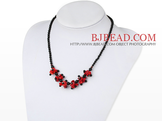 17.5 inches black agate and red coral necklace with lobster clasp