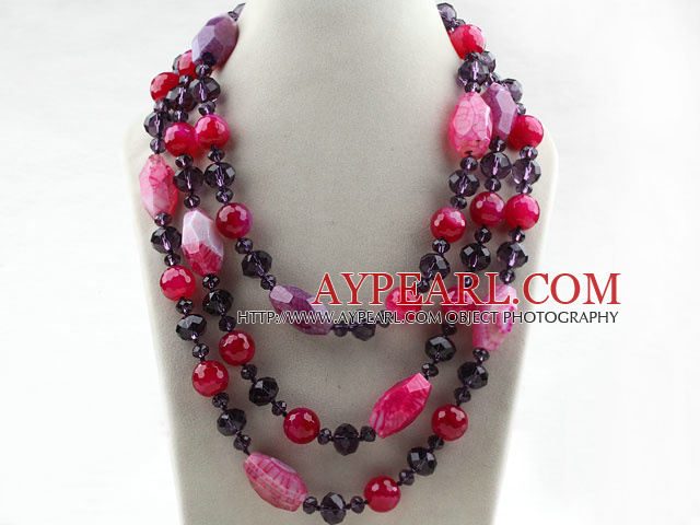 Pink Purple Series tre strenger Fasettert Pink Agate og Lilla Crystal stor stil halskjede