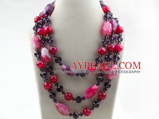 Pink Purple Series Three Strands Faceted Pink Agate and Purple Crystal Big Style Necklace