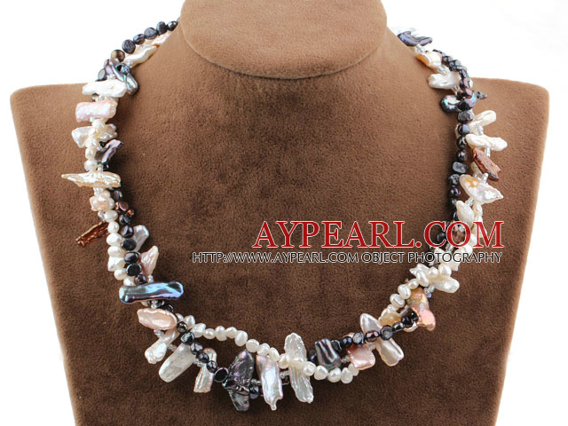 Tre Strands Black and White Biwa Pearl Necklace