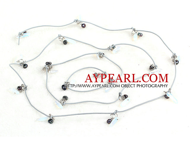 Fashion Long Style Natural Black Pearl Opal Stone Chips Necklace (Sweater Chain)