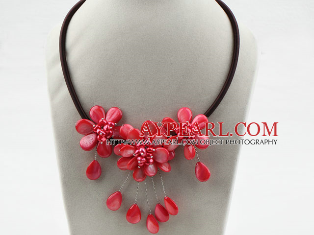 Watermelon Red Pearl Shell Flower Necklace with Black Cord