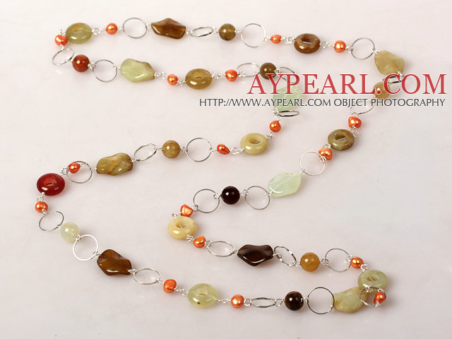 Длинные Стиль Pearl и три цветных нефрита ожерелье с металлической цепью 