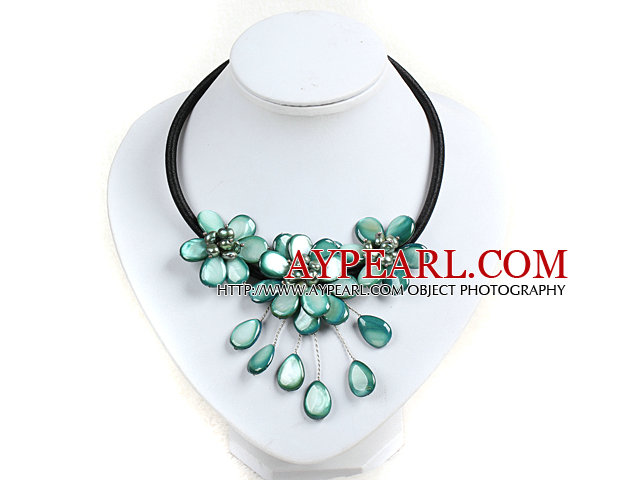 Bleu Vert Collier de perles Fleur Shell avec cordon noir