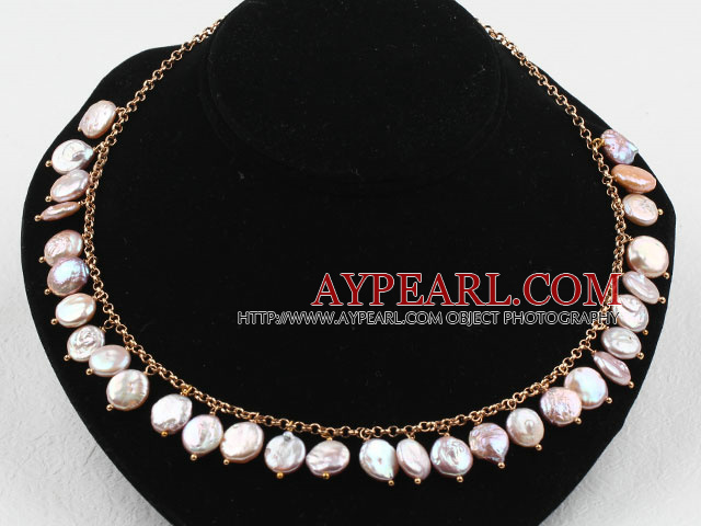 Dark Pink Coin Pearl Necklace with Yellow Metal Chain