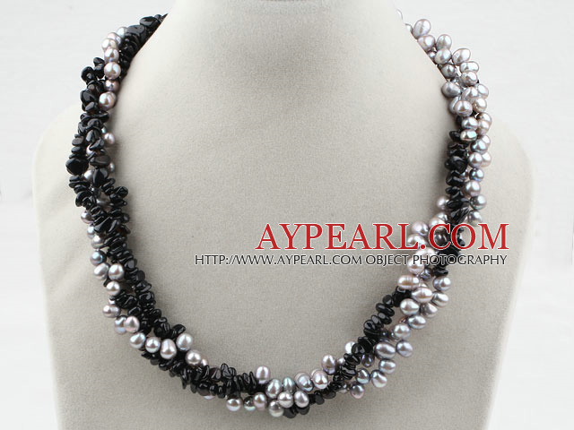 Multi Strands Dyed Gray Freshwater Pearl and Black Agate Necklace
