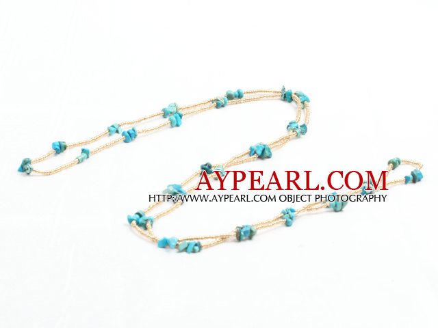 Fashion Long Style Turquoise Chips Gold Color Glass Beads Necklace