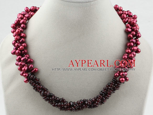 Multi Strands ensfargede Wine Red Freshwater Pearl og Garnet Halskjede