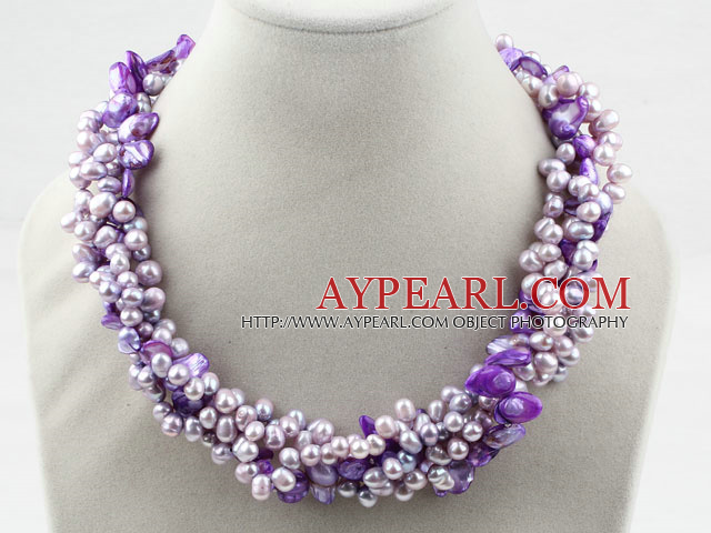 Multi Strands Purple Freshwater Pearl and Purple Shell Necklace