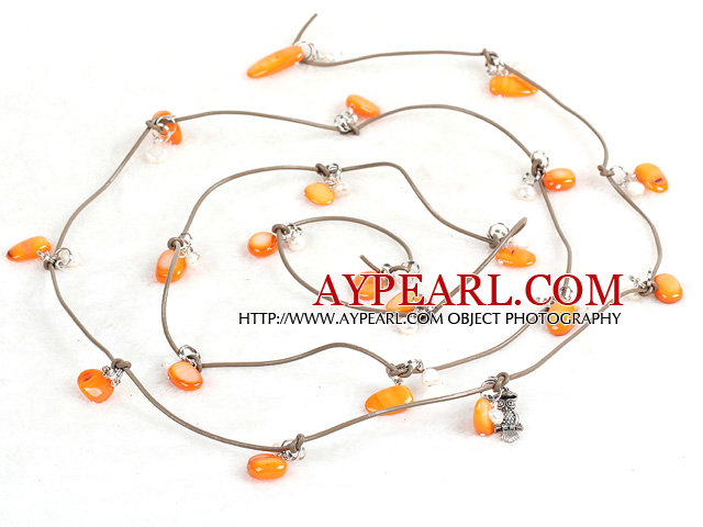 Fashion Long Style Orange Series Natural Pearl Stone Chips Necklace (Sweater Chain)