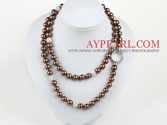 Long Style Round Brown Color Seashell Beaded Necklace with Rhinestone Beads