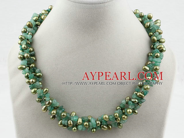 Multi Strands Dyed Green Freshwater Pearl and Aventurine Necklace