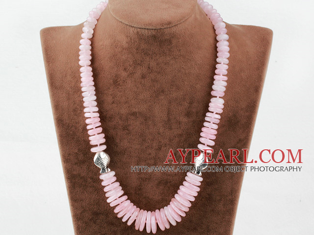 Single Strand Rose Quartz Disc Chips Graduated Necklace with Lobster Clasp