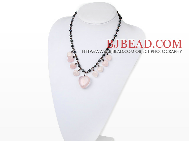 black pearl and rose quartze necklace with lobster clasp