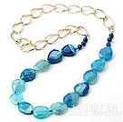 Blue Color Burst Pattern Crystallized Agate Knotted Necklace with Golden Color Metal Chain ( The Chain Can Be Deducted )