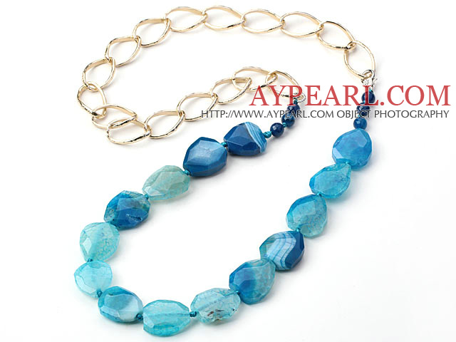 Blue Color Burst Pattern Crystallized Agate Knotted Necklace with Golden Color Metal Chain ( The Chain Can Be Deducted )