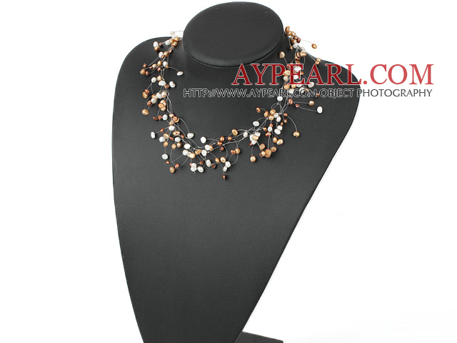 Fantastic White And Brown Freshwater Pearl Wired Necklace With Lobster Clasp